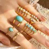 Anillo vintage versátil transfronterizo europeo y americano con turquesa y perlas, anillo abierto de acero inoxidable chapado en oro de 18 quilates