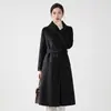 Abrigo largo de lana de alta gama, negro, de doble cara, para otoño e invierno, con cuello envolvente, cinturón de corbata, efecto adelgazante, elegante estilo de lana hasta la rodilla