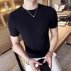 Duffy Camiseta de Punto de Manga Corta Ajustada para Hombre, Moderna, Cuello Redondo, Color Sólido, Textura Rayada, Lujo Ligero, Manga Media, Capa Base para Hombre