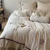 Estilo Retro Wabi-sabi Conjunto de Algodão e Linho de Três ou Quatro Peças Bordado Tridimensional Renda Cor de Café Babados Roupa de Cama Capa de Edredom Lençol