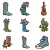 Insignia bordada con elementos vaqueros retro americanos, botas de cowboy florales, cactus, ropa de marca moderna, pegatina adhesiva