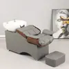 Cama de champú semi-reclinable de color personalizado para salón con lavabo de cerámica engrosado, cama de champú para venta al por mayor transfronteriza con reposapiés