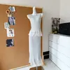 Conjunto elegante e esvoaçante, com babados, transparente, estilo sereia, top e meia-saia, emagrecedor, elegante, que ilumina a pele, cinza-azulado, tamanho único, cor sólida