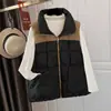 Colete de algodão com gola alta e blocos de cor para outono e inverno para mulheres, estilo curto soltinho, colete de algodão sem mangas com zíper, versátil para usar em camadas