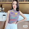 Blusa de alça curta sem mangas feminina de verão, top de tricô listrado cor francesa chique