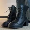 Nuevas botas de cuero de estilo coreano para otoño e invierno 2026, suela gruesa, versátiles, con cordones, puntera redonda, cierre trasero, estilo commuter, cortas, elásticas, ajustadas, para mujer