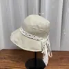 Corbata de moño de lunares de nuevo estilo, Sombrero de pescador para mujer, Estilo casual de vacaciones de primavera y verano, Sombrero para el sol con ala ancha y protección solar
