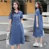 Vestido Casual de Mezclilla Fino para Mujer Verano Nuevo Estilo Manga Corta Suelto Talla Grande Camisa Falda