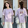 Camiseta de manga larga de algodón puro para niñas, top base elegante y moderno para niños, adecuada para primavera y otoño de 2026, con un diseño de imitación de dos piezas