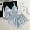 Conjunto de Pijama de Camisola de Seda para Mujer de Verano con Estampado Plateado, Cómodo Conjunto de Dos Piezas de Camisola y Shorts para Estar en Casa