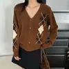 Suéter chaqueta de punto casual retro francés para mujer, con patrón de rombos en color de contraste, nuevo modelo otoño 2026