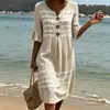 Novo Vestido Longo Listrado com Gola V Franzida e Botões, Estilo Casual da Moda para o Dia a Dia e Trabalho Feminino, Estilo Verão 2026