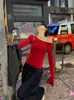 Hilo de mechaÚnico top de punto rojo de manga larga asimétrico (un hombro al descubierto) para mujer, estilo puro y seductor, top de un solo hombro