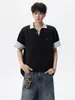 Camisa Polo de Patchwork a Rayas Falsa de Dos Piezas Estilo Americano Manga Corta para Hombre Verano Holgada Estilo Universitario Casual Cuello Camisero Camiseta de Media Manga