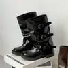 Botas Martin de Media Pantorrilla para Mujer 2026 Otoño/Invierno Nuevo Estilo Británico Retro Aumentadoras de Altura Tacón Grueso Arrugadas Apiladas para Pantalones Botas de Caballero Largas