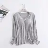 Pijama Acolchoado de Modal Novo Decote V Manga Longa Feminino Verão Fino Solto Manga de Renda Roupas Caseiras Soltas