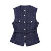 Primavera 2025 Novo Estilo Europeu e Americano Moda Casual com Cinto Enfeites de Contas Textura Slub Colete Feminino Top