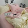 Conjunto de Roupa de Cama de Algodão Lavado Super Macio Estilo Muji Quatro Peças Primavera/Verão Novo Dormitório Estudantil Lençol de Elástico Três Peças Roupa de Cama