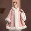Abrigo Estilo Capa para Mujer con Capucha Integrada, Abrigo Grueso para Otoño e Invierno, Diseño de Cuadros Holgado Oversize, Color Azul, Adecuado para Exportación y Comercio Transfronterizo