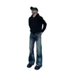 Calça Jeans Flare Reta Solta Estilo Americano para Homens com Lavagem Bigode, Calça Flare Vintage Desgastada de Nicho