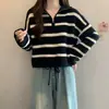 Suéter de Tricô Listrado com Gola Polo e Zíper, Imitação de Algodão, para Mulheres, Outono, Suéter Pulôver Solto com Gola Reversível, Mangas Longas, 2025