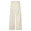 Pantalones anchos de doble pinza color blanco roto, de tiro alto, con un botón, corte holgado, estilizan, adecuados para ir al trabajo, unisex, pantalones casuales de largo hasta el suelo