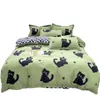 Conjunto fofo de quatro peças em algodão com aloe vera estilo coreano, com fundo verde fresco e estampa de gato preto, capa de edredom para conjunto de cama de quarto e casa de temporada