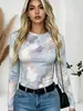 Camiseta feminina de gola redonda e manga longa com estampa floral em aquarela, estilo europeu e americano, elástica, justa ao corpo, versátil e perfeita como camada base.