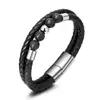 Fornecimento Transfronteiriço de Pulseiras de Pedra Vulcânica Natural Aço Inoxidável Estilo Europeu e Americano Pulseiras de Couro Personalizadas para Homens Atacado em Estoque