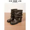 Botas Martin Femininas 2026 Outono Novo Retro Calça de Cano Alto franzido Salto Grosso Versátil Botas Curtas Originais Botas de Cavaleiro Tendência