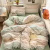 Juego de Cuatro Piezas de Sábanas de Algodón Lavado y Fundas de Edredón Ultra Suaves Grado A Materno e Infantil, Sábanas Ajustables para Dormitorio Estudiantil, Juego de Cama de Tres Piezas 4