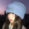 Gorro de Tricô Azul para Mulheres, Cor Sólida, Quente de Inverno Versátil Estilo Coreano com Padrão de Estrelas para Circunferência de Cabeça Grande