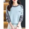 Suéter de Tricô com Gola Redonda 26 para Mulheres, Novo Estilo Outono e Inverno, Color Blocking Juvenil, Caimento Solto, Emagrecedor, Elegante, Versátil, Blusa de Manga Longa para Usar por Baixo