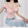 Camiseta de Manga Corta Plisada Estilo Spice Girl Pura Pasión Apilable Kink para Mujer Verano Hombros Descubiertos Elegante Sexy Adelgazante