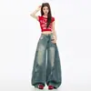 Jeans Estilo Americano Scimitar Rotos para Mujer, Nuevo Diseño de Cintura Alta para Otoño e Invierno, Silueta Lavada, Pantalones Sueltos de Pierna Ancha Largos hasta el Suelo