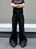 Calça jeans de alta qualidade, estilo americano, para rua, resistente, com barra desfiada, zíper, levemente flare, para homens e mulheres, perna larga, solta, corte reto, calça de trabalho