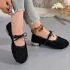 Sapatos Mary Jane femininos com bico redondo, salto baixo e um design de malha floral tridimensional, apresentando uma única tira de adorno e um detalhe de laço