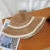 Sombrero de Paja de Verano con Protección Solar para Mujer, Sombrero de Pescador con Protección Solar para Vacaciones en la Playa Padre e Hijo, Ala Ancha con Perlas, Sombrero de Sol para Adelgazar el Rostro
