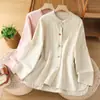 Foto real de camisa vintage de algodón y lino estilo chino nuevo para mujer, chaqueta cárdigan de botones tradicional de algodón y lino para primavera y otoño, top holgado