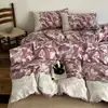 Juego de Cuatro Piezas con Borde de Encaje Vintage Clase A, Engrosado Otoño e Invierno, Fresco Juego de Ropa de Cama de Lino Floral