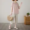 Camiseta Vintage Bordada Floral con Cuello Alto, Botones, Manga Corta para Mujer, Corte Holgado, Nueva de Verano 2026, Pulóver de Algodón y Lino, Moderna