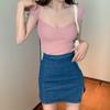 Nuevo Verano Transfronterizo Nicho Chic Top Adelgazante Retro Francés Cuello Cuadrado Suéter Seda de Hielo Manga Corta Mujer