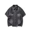 Verão estilo japonês vintage lavado velho camisa jeans de manga curta masculina solta casual meia manga trabalho camisa jaqueta