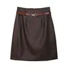 Falda midi de estilo retro Old Money de piel sintética ajustada a la cadera con cinturón para mujer, nueva tendencia otoño/invierno, de cintura alta, entallada, línea A