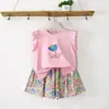 Conjunto de Verano para Niñas 2026 Nuevo Estilo Camiseta de Manga Acampanada para Niños Conjunto de Dos Piezas con Falda-Pantalón Estampado Floral