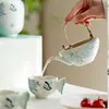 Juego de Té Verde con Flor de Hortensia Azul Pintada a Mano, Tetera, Tazón con Tapa, Juego de Té Cerámico Estilo Fresco Kung Fu, Taza de Servicio, Taza de Degustación