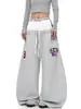 Pantalones de Chándal Retro Americano Doble Cintura Bordado de Letras Dobladillo Curvo Unisex Verano Nuevo Baile de Jazz Sueltos Pierna Ancha