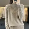 Suéter de malha feminino novo transfronteiriço 2026 com strass de folha de bordo, blusa básica feminina de gola alta meia, corte justo e versátil