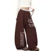Pantalones de Chándal Grises a Cuadros con Cintura de Marca Americana de Moda Estampado de Letras, Corte Recto Holgado, Pierna Ancha, Versátiles para Deporte