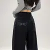 Jeans Pretos de Perna Larga Estreita para Mulheres no Outono Novo Cintura Alta Emagrecimento Costura de Laço Caimento Reto Calças Longas